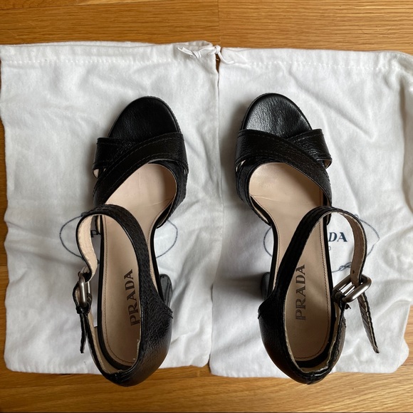 Prada Madras Classic Nero Open Toed Platform Heels - Picture 12 of 15